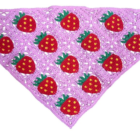 Colorful Crochet Bandanas Pink with Strawberries and White Mushrooms Set of 2 - Picture 3 of 4